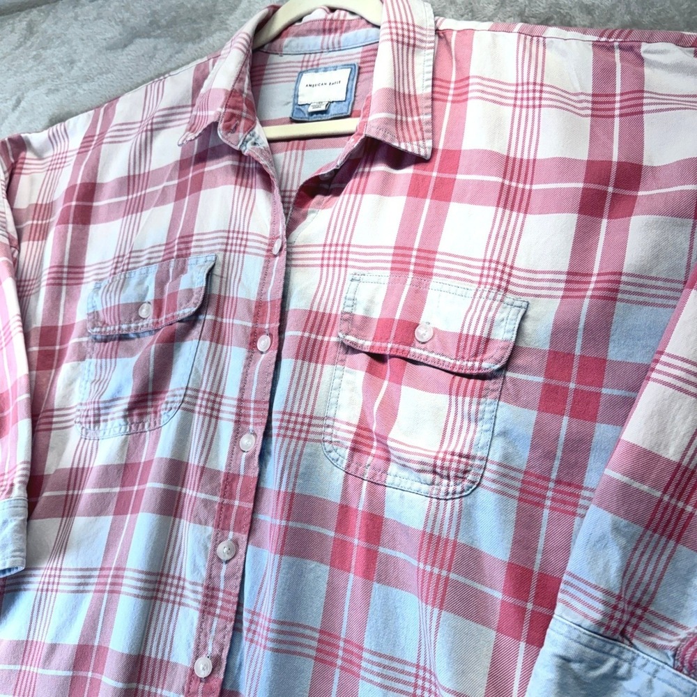 American Eagle Oversized Plaid Shirt Womens XL Pink Blue Cotton Button Down Fall - Picture 7 of 16